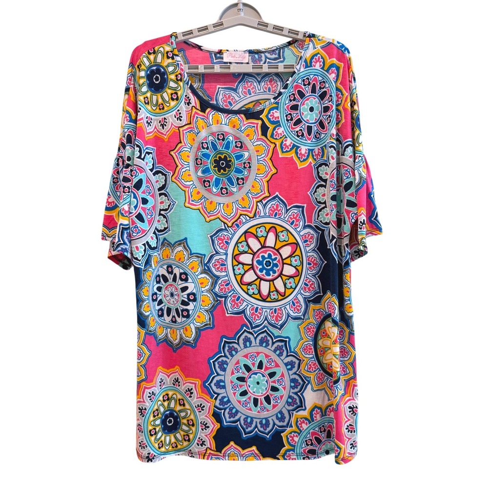 Pink Lily Mandala Floral Medallion Oversized Top Tunic Pink Blue Womens Large